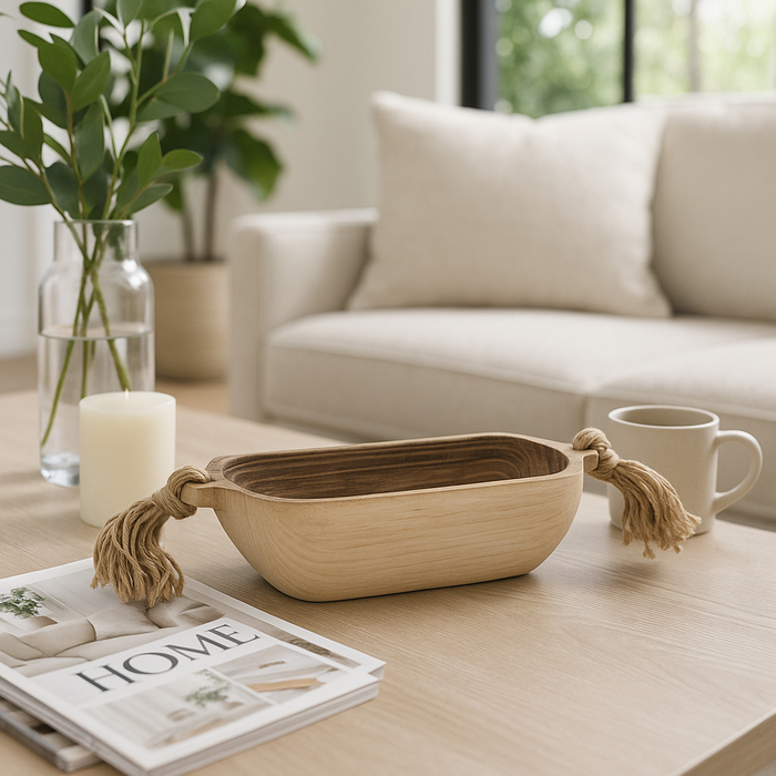 15” Boho Wood Tray with Tassels – Brown