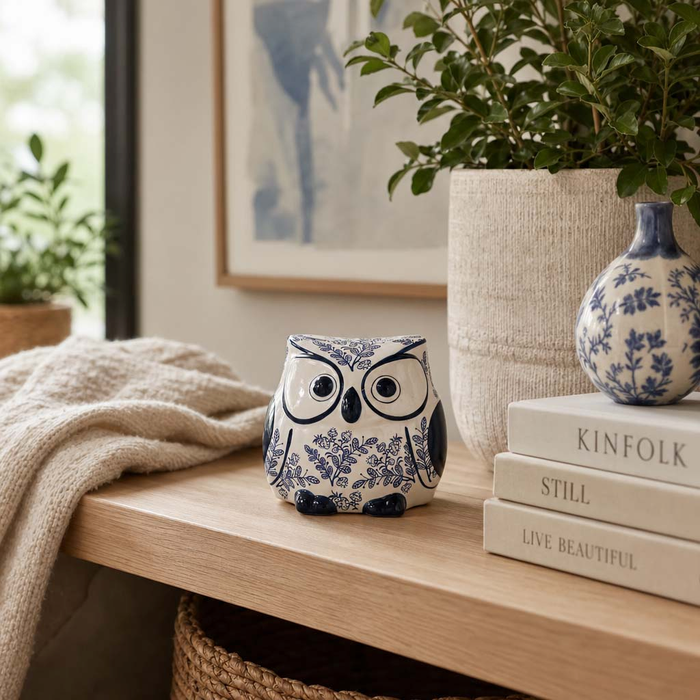 5” Ceramic Leaf Print Chinoiserie Owl – Blue 