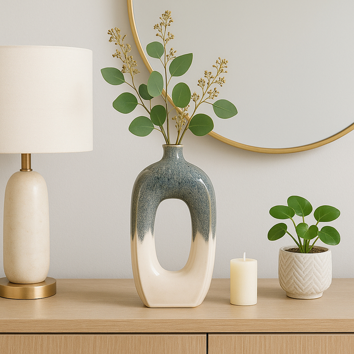 16” Ceramic Open Cut Out Vase – Ivory and Blue 