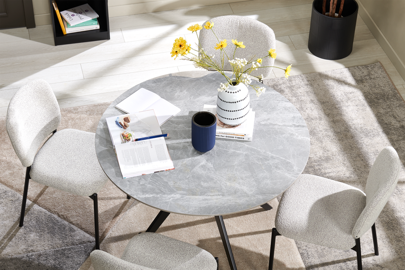 Luka 5pc Dining Set with Table & 4 Chairs, Sintered Stone Top, Metal, 43.5\"W Round - Grey