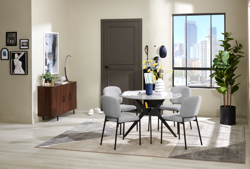 Luka 5pc Dining Set with Table & 4 Chairs, Sintered Stone Top, Metal, 43.5\"W Round - Grey