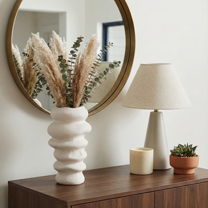 12” Ceramic Hand Scribed Cairn Vase – Ivory 
