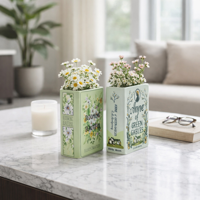 8.25” Set of 2 Ceramic Spring Book Vase – Green 