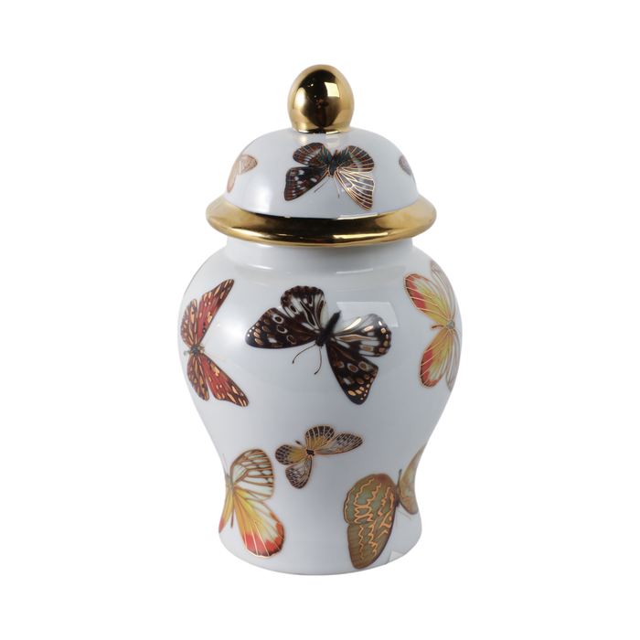 8.25” Ceramic Butterflies Temple Jar – White 