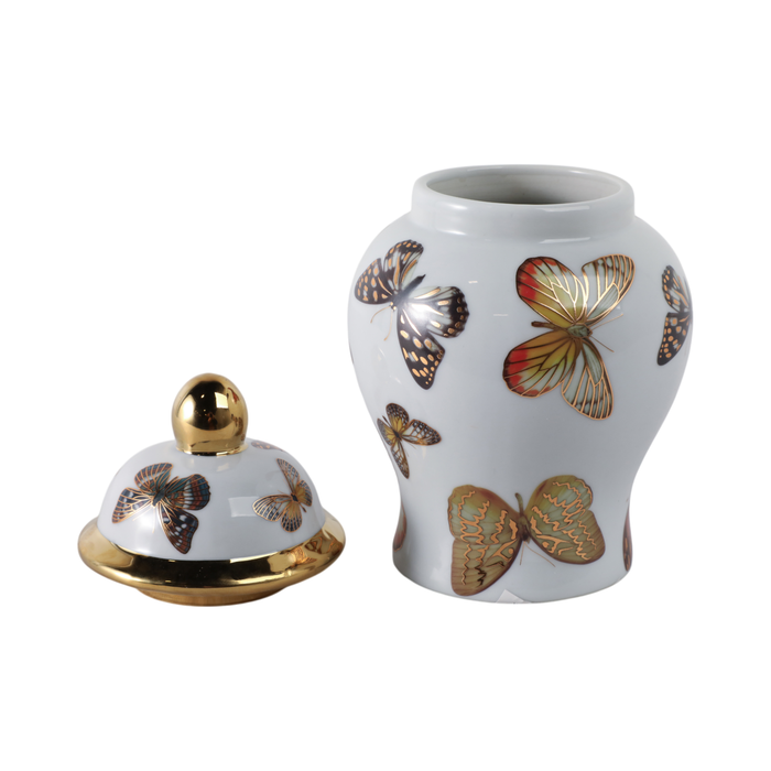 8.25” Ceramic Butterflies Temple Jar – White 