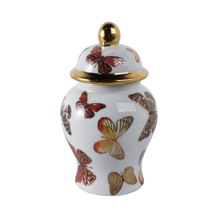 8.25” Ceramic Butterflies Temple Jar – White 