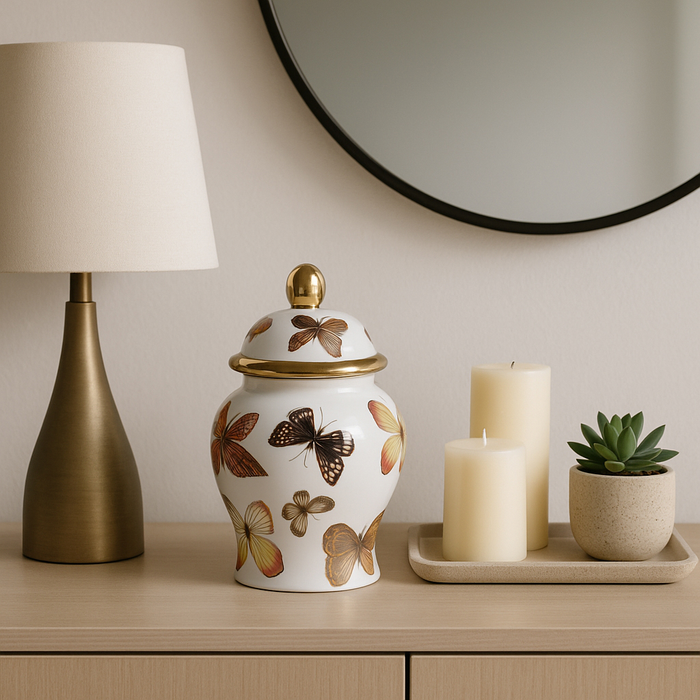 8.25” Ceramic Butterflies Temple Jar – White 