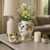 8.25” Ceramic Butterflies Temple Jar – White  | Pot temple de 8,25 po en céramique avec papillons - blanc