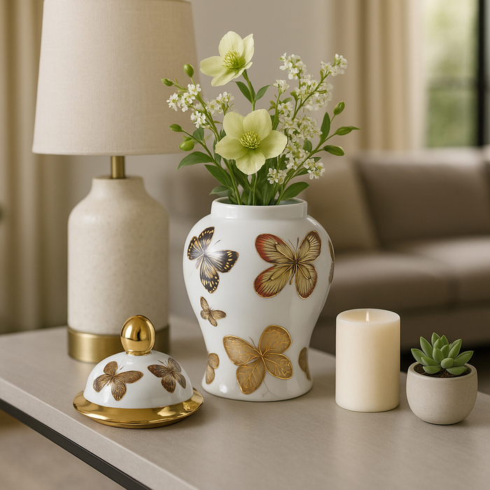 8.25” Ceramic Butterflies Temple Jar – White 