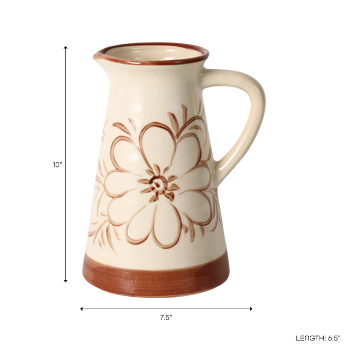 9.75” Ceramic Hand Painted Flower Pitcher – Light Brown