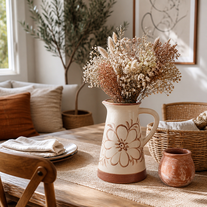 9.75” Ceramic Hand Painted Flower Pitcher – Light Brown