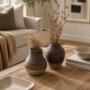 5.75” Set of 2 Terracotta Bud Vases with Grooved Lines – Sand  | Ensemble de 2 vases à fleurs de 5,75 po en terre cuite avec rainures - sable