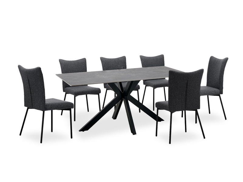 Atlas 7pc Dining Set with Table & 6 Chairs, Sintered Stone & Metal, 71\"W - Grey/Black