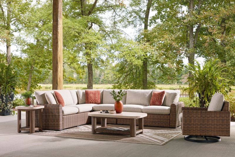 Banff Outdoor Patio Swivel Chair - Resin Wicker, Aluminum & Nuvella Fabric - Brown/Beige