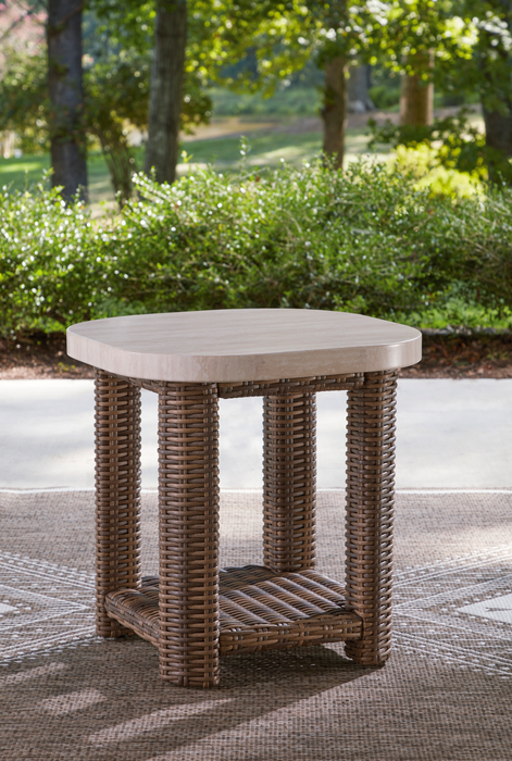 Banff Outdoor Patio End Table - Resin Wicker & Aluminum, Weather Resistant - Brown/Beige