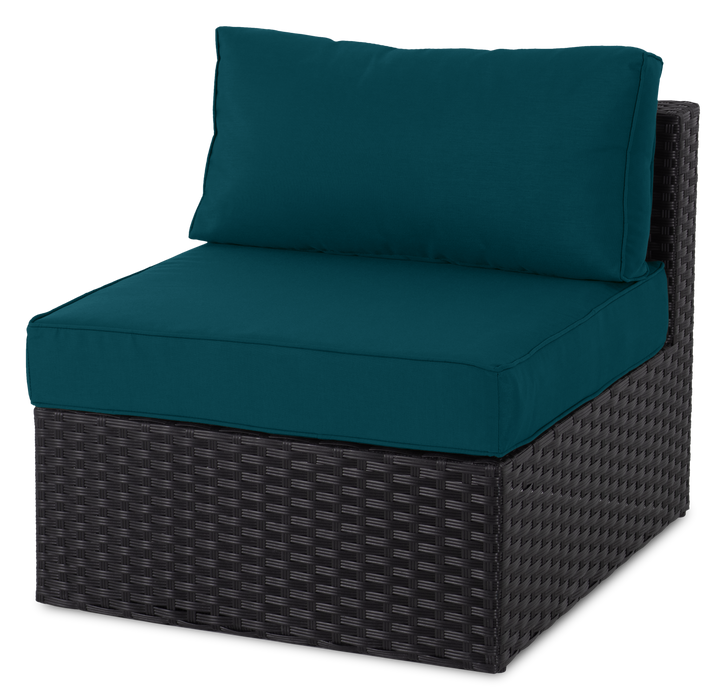 Barbados 6-Piece Outdoor Patio Set with 3 Corner Chairs, 2 Armless Chairs & Ottoman - Hand-Woven Resin Wicker, UV & Weather Resistant - Black/Blue