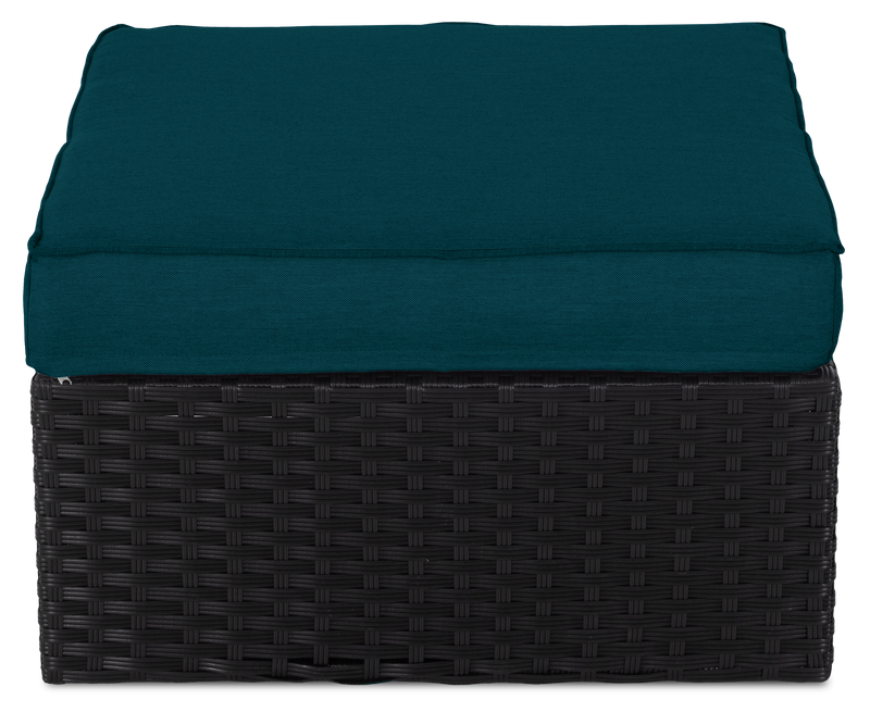 Barbados 6-Piece Outdoor Patio Set with 3 Corner Chairs, 2 Armless Chairs & Ottoman - Hand-Woven Resin Wicker, UV & Weather Resistant - Black/Blue
