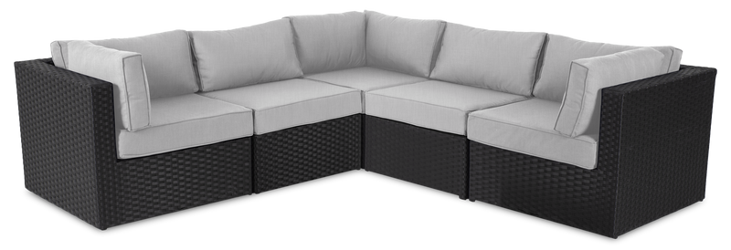 Barbados 5-Piece Outdoor Patio Set with 3 Corner Chairs & 2 Armless Chairs - Hand-Woven Resin Wicker, UV & Weather Resistant - Black/Grey