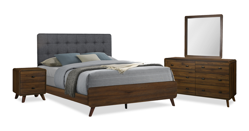 Cami 6pc Bedroom Set with Bed, Dresser, Mirror & Nightstand, Mid-Century Modern, Brown - Queen
