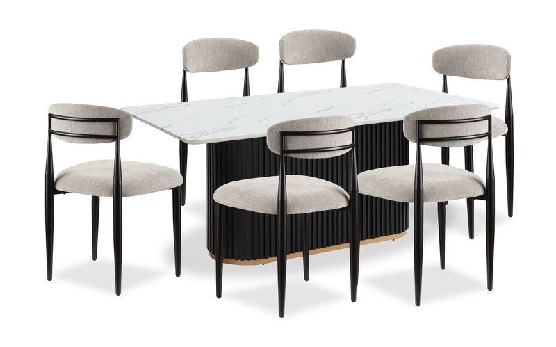 Kort & Co. Capri 7pc Dining Set with Table & 6 Chairs, Gold Accent, Pedestal Base, 72\"W – Beige