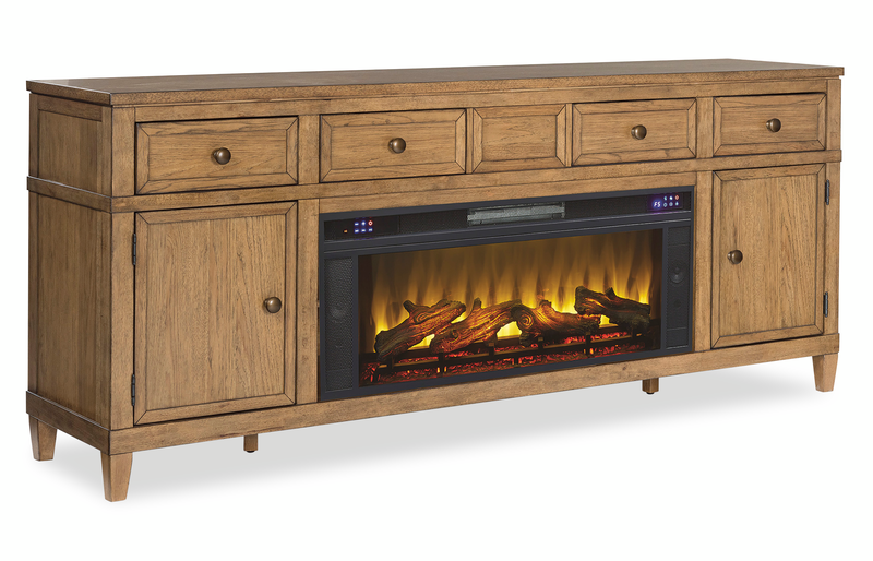 Clyde 81” Electric Fireplace TV Stand with Storage and Cable Management for TVs up to 90” – Golden Oak