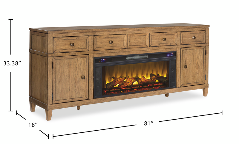 Clyde 81” Electric Fireplace TV Stand with Storage and Cable Management for TVs up to 90” – Golden Oak