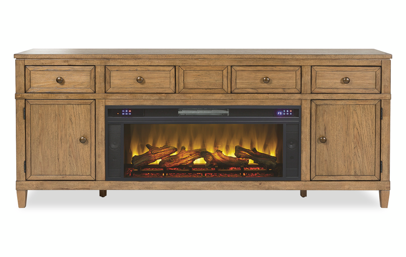 Clyde 81” Electric Fireplace TV Stand with Storage and Cable Management for TVs up to 90” – Golden Oak