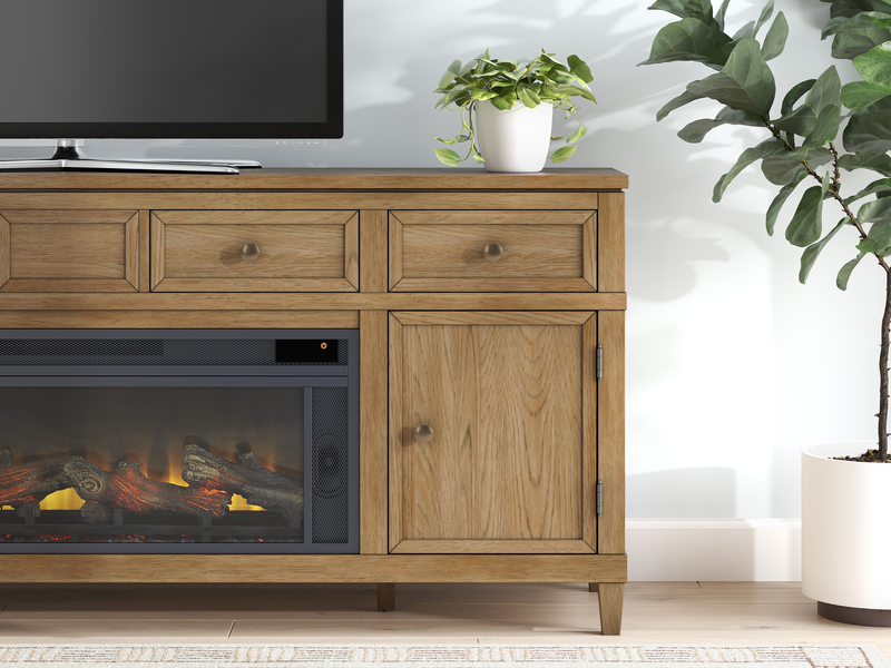 Clyde 81” Electric Fireplace TV Stand with Storage and Cable Management for TVs up to 90” – Golden Oak