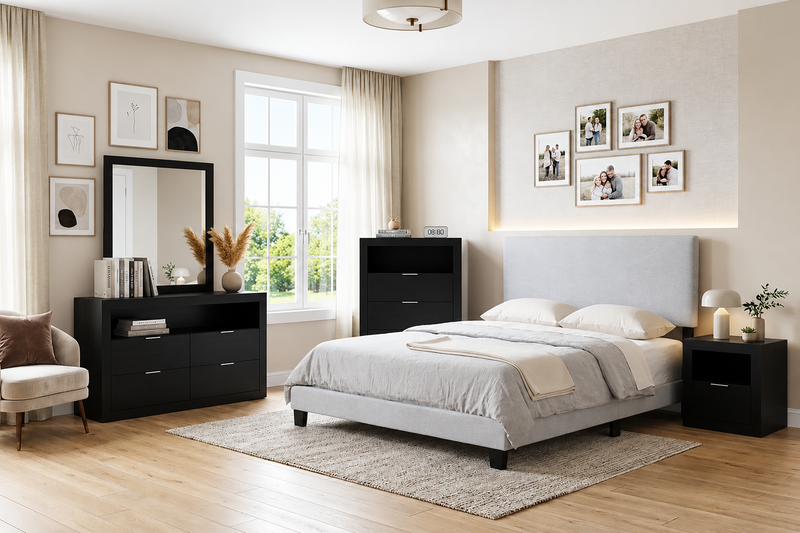 Delta Upholstered Bed in Grey Polyester Fabric - Queen Size