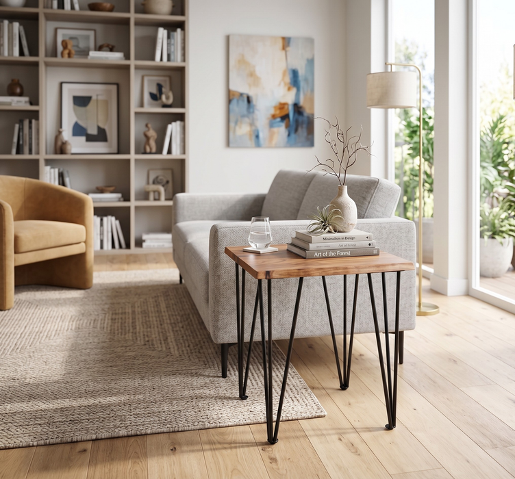 Dillion 22” Industrial End Table with Iron Hairpin Legs – Natural Acacia
