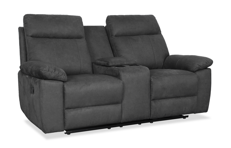 Eddie 71.7\" Contemporary Faux Suede Manual Reclining Loveseat with Storage Console – Dark Grey 