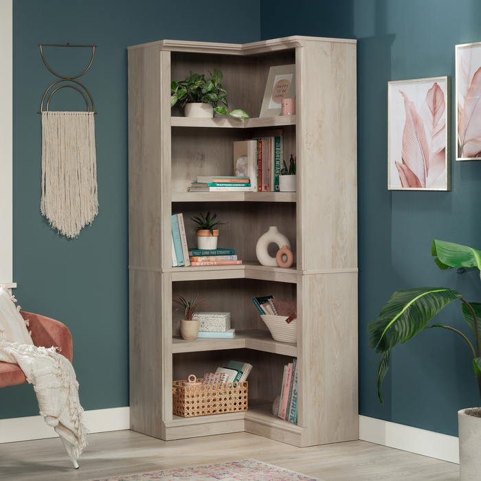 Elven 29.25” Corner Bookcase with 5 Open Shelves – Chalked Chestnut