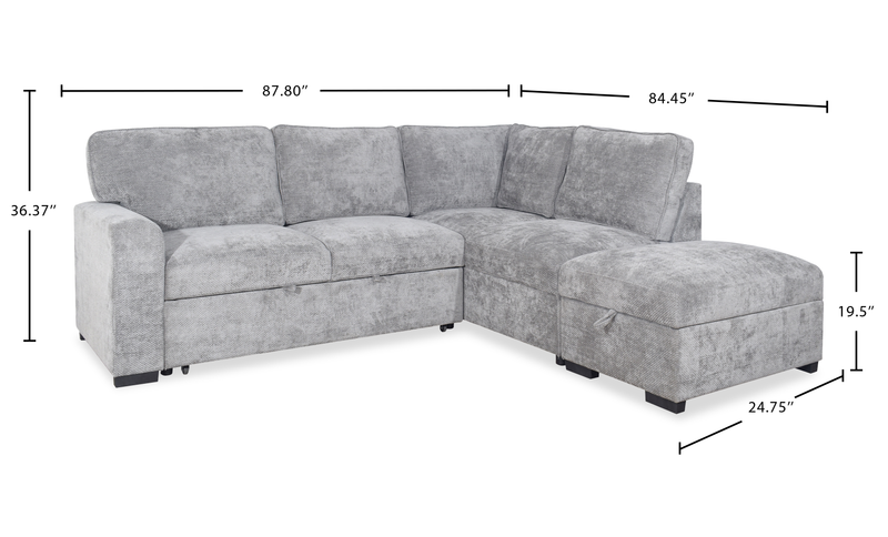 Emerie 3-Piece Right-Facing Chenille Sleeper Sectional with Storage Ottoman – Grey