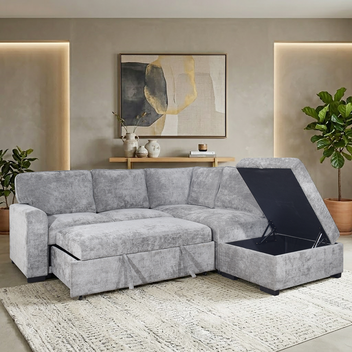 Emerie 3-Piece Right-Facing Chenille Sleeper Sectional with Storage Ottoman – Grey