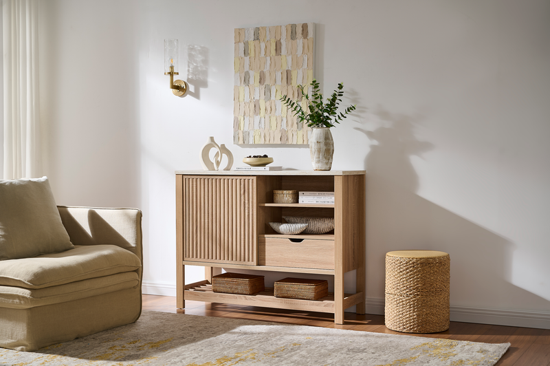 Essex 47.25” 3-Shelf Accent Cabinet with Sliding Door – Weathered White