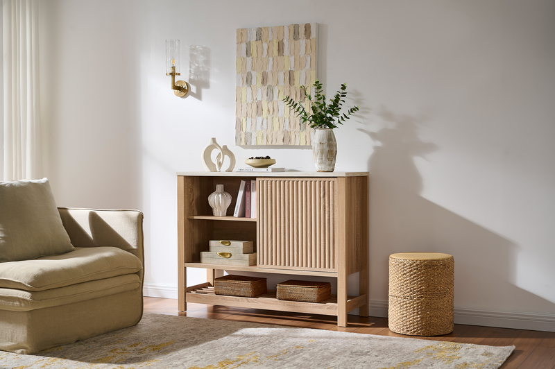 Essex 47.25” 3-Shelf Accent Cabinet with Sliding Door – Weathered White