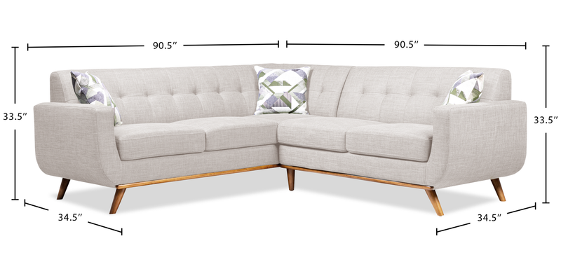 Kort & Co. Freeman 2-Piece Linen-Look Fabric Sectional with Wood Legs – Dove White