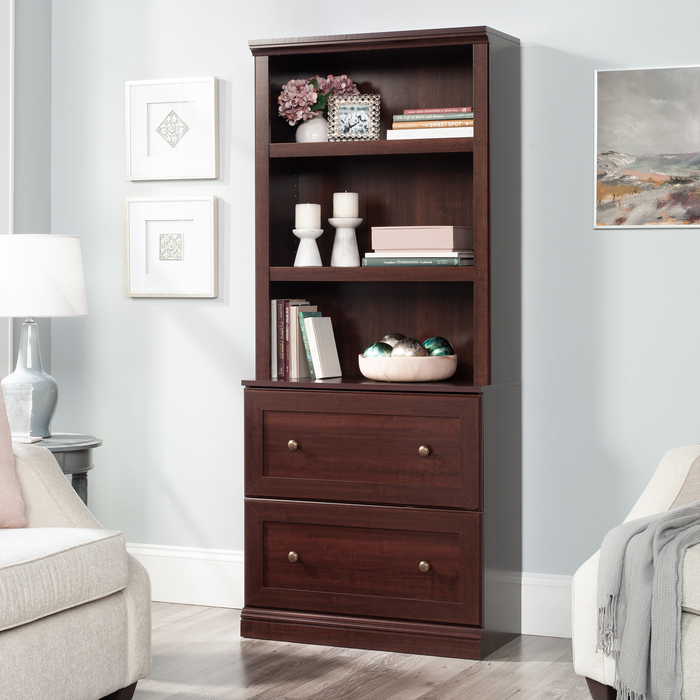 Goodwin 29.06” Modern 2-Shelf Bookcase with Drawers – Select Cherry