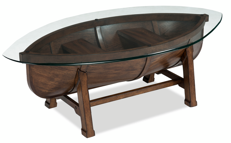 Hatfield 52” Eclectic Coffee Table with Glass Top and Canoe-Base – Dark Oak