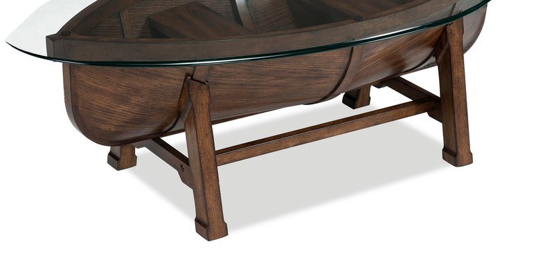 Hatfield 52” Eclectic Coffee Table with Glass Top and Canoe-Base – Dark Oak