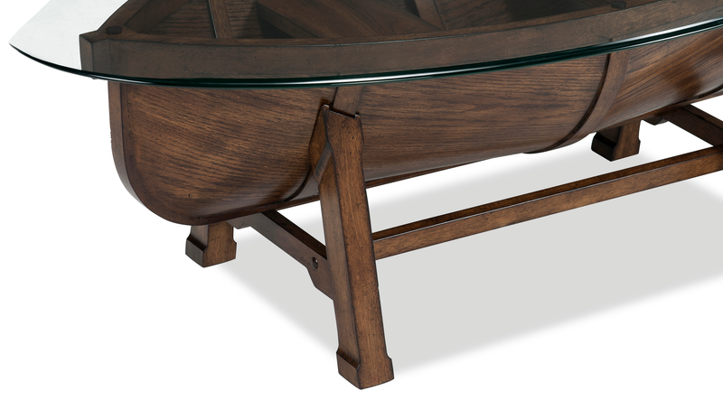Hatfield 52” Eclectic Coffee Table with Glass Top and Canoe-Base – Dark Oak