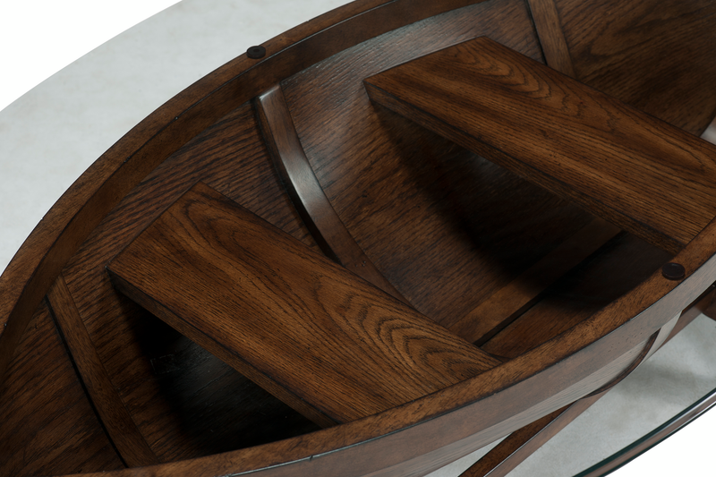 Hatfield 52” Eclectic Coffee Table with Glass Top and Canoe-Base – Dark Oak