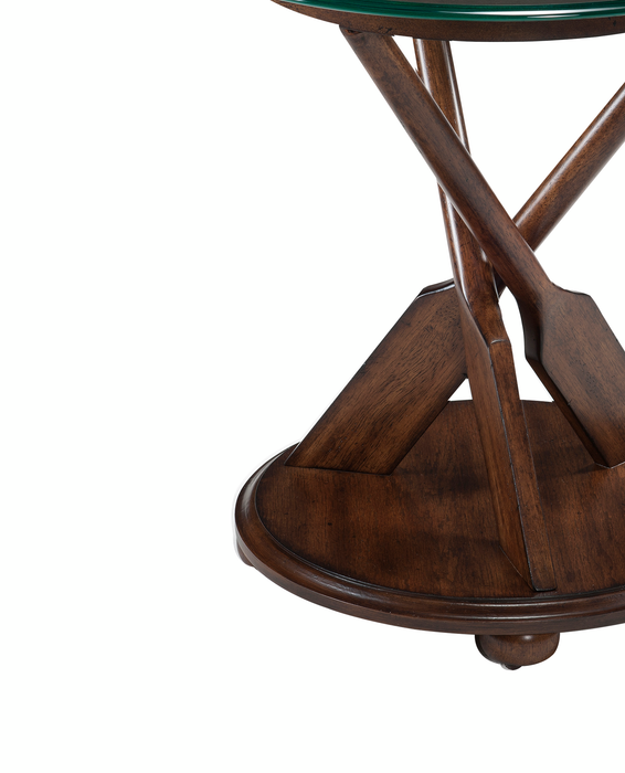 Hatfield 20” Eclectic End Table with Glass Top & Carved Oars in Wood Base – Dark Oak