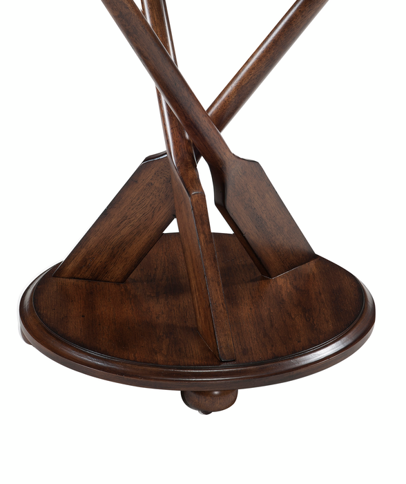 Hatfield 20” Eclectic End Table with Glass Top & Carved Oars in Wood Base – Dark Oak