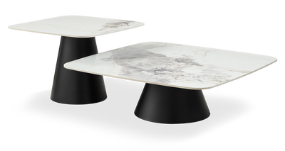Hazel 39.5” Modern 2-Pack White Sintered Stone Top Coffee + End Table - Black and White | Ensemble table à café de 39,5 po et table de bout modernes Hazel avec dessus en pierre frittée blanche - noir et blanc