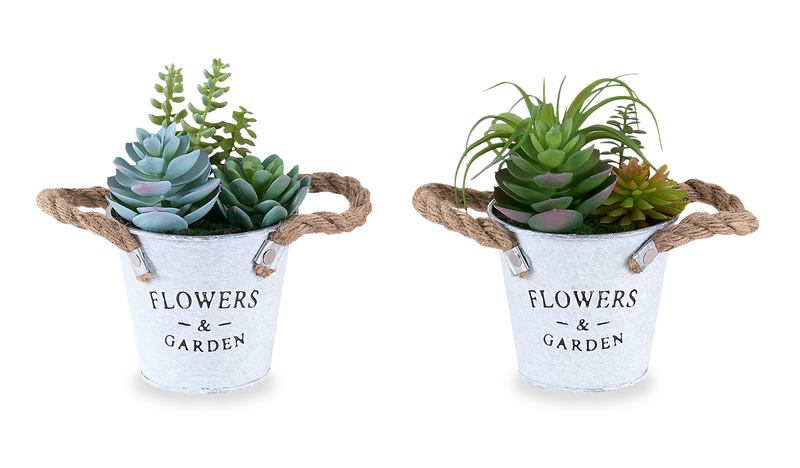 7” Artificial Potted Succulent in 5” Metal Pot – set of 2