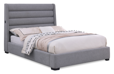 Jade Upholstered Platform Bed with USB Ports in Grey Fabric - Queen Size | Base de lit plateforme rembourrée Jade en tissu gris avec ports USB - format grand lit