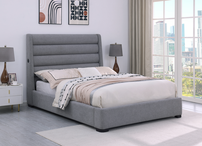 Jade Upholstered Platform Bed with USB Ports in Grey Fabric - Queen Size