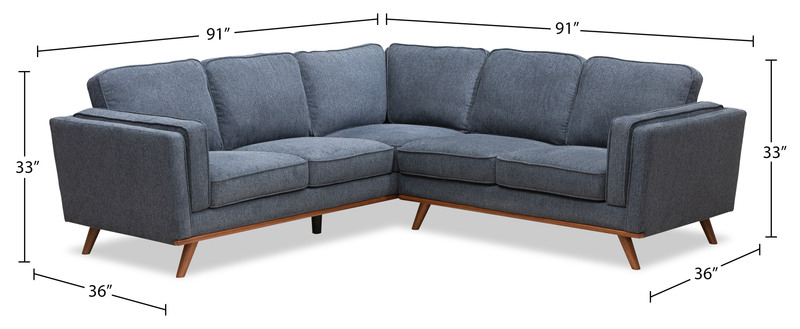 Kort & Co. Kassia 2-Piece Linen-Look Fabric Sectional with Wood Base and Legs - Blue