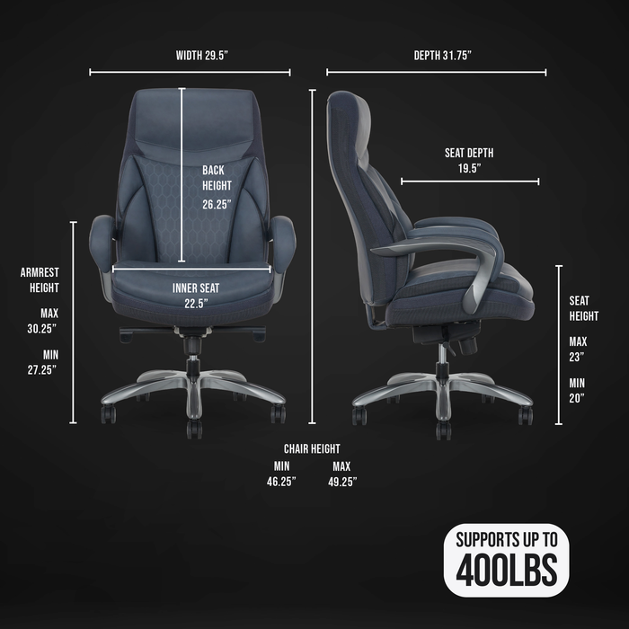 Shaquille O’Neal Home Maximos 29.5” Big & Tall High Back Executive Office Chair with Extended Headrest – Blue